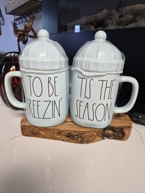 Rae Dunn Ceramic Winter Mug Set with Lids - Light Blue